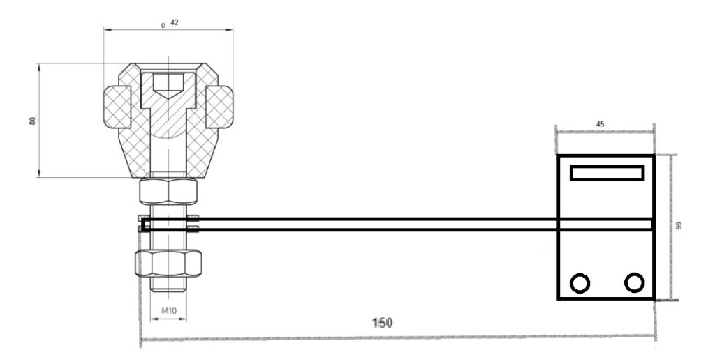 Rysunek techniczny prowadzenia górnego 150 mm z rolką Ø42 mm, mocowaniem M10 i płytą 45 × 66 mm