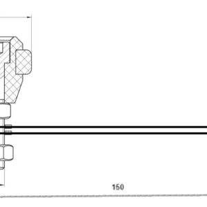 Rysunek techniczny prowadzenia górnego 150 mm z rolką Ø42 mm, mocowaniem M10 i płytą 45 × 66 mm